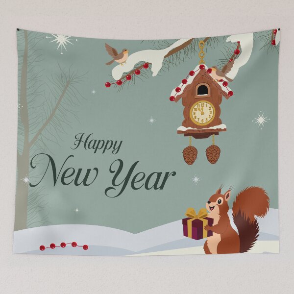 Item preview, Vintage Woodland New Year Greeting Card with Cuckoo Clock, Squirrel, Birds and Snowy Forest designed and sold by DesignbyAnnaM.