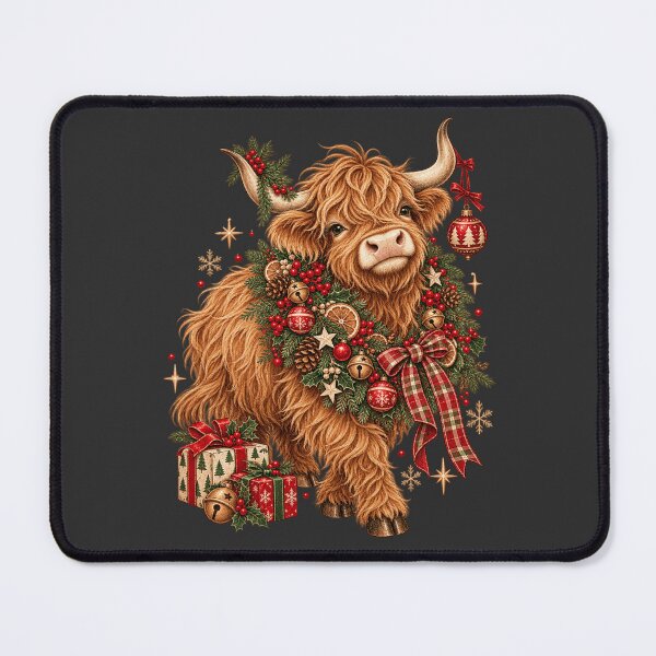 Item preview, Christmas Highland Cow with Rustic Wreath and Plaid Bow designed and sold by AmiGraph.