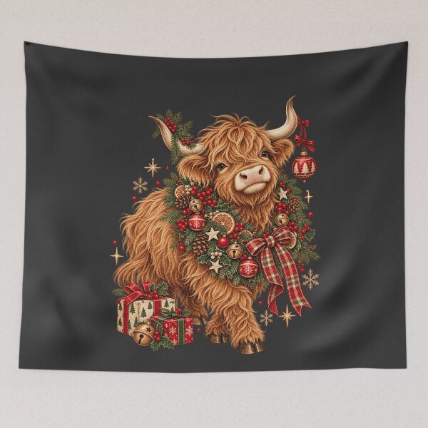 Item preview, Christmas Highland Cow with Rustic Wreath and Plaid Bow designed and sold by AmiGraph.