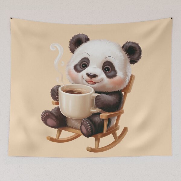 Item preview, A cute baby panda with a round head, big dark eyes, and a small smiling mouth, sitting relaxed in a small classic wooden rocking chair designed and sold by 123ks.