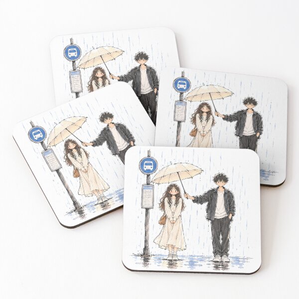 Item preview, Silent Love in the Rain – Romantic Anime Couple at Bus Stop, Minimalist Sketch Art designed and sold by Windy-market.