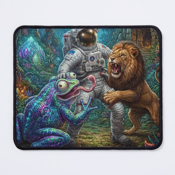 Item preview, Cosmic Jungle Encounter: Astronaut, Giant Frog, and Lion designed and sold by Rain-Road.
