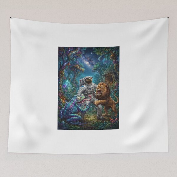 Item preview, Cosmic Jungle Encounter: Astronaut, Giant Frog, and Lion designed and sold by Rain-Road.