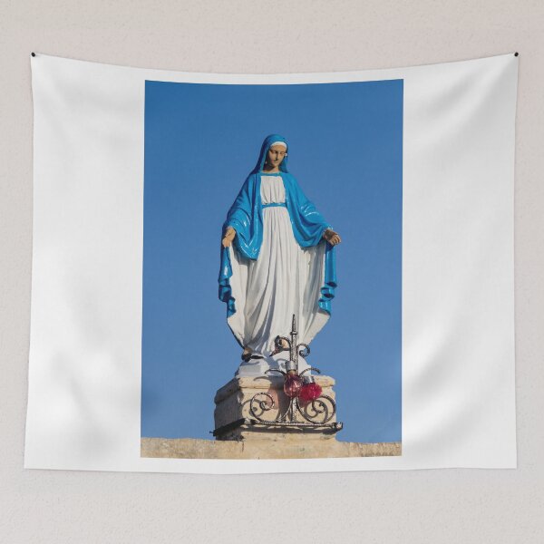 Item preview, Statue of the Virgin Mary in Blue Robe at Outdoor Shrine Against Clear Sky designed and sold by Nmallia.