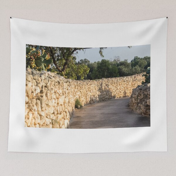 Item preview, Sunlit Country Lane With Traditional Dry Stone Walls and Olive Trees in Rural Landscape designed and sold by Nmallia.