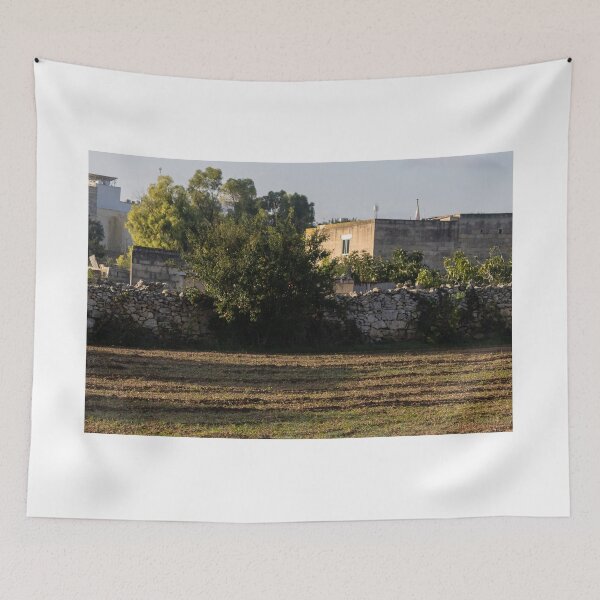 Item preview, Sunlit Rural Field With Stone Wall and Tree Near Farmhouse in Mediterranean Countryside designed and sold by Nmallia.