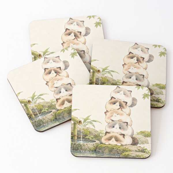 Item preview, Five Ragdoll Cats Stacked Beside a Bamboo Fountain in a Zen Garden designed and sold by AshiraCreations.