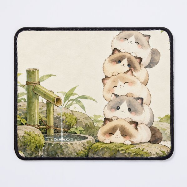 Item preview, Five Ragdoll Cats Stacked Beside a Bamboo Fountain in a Zen Garden designed and sold by AshiraCreations.