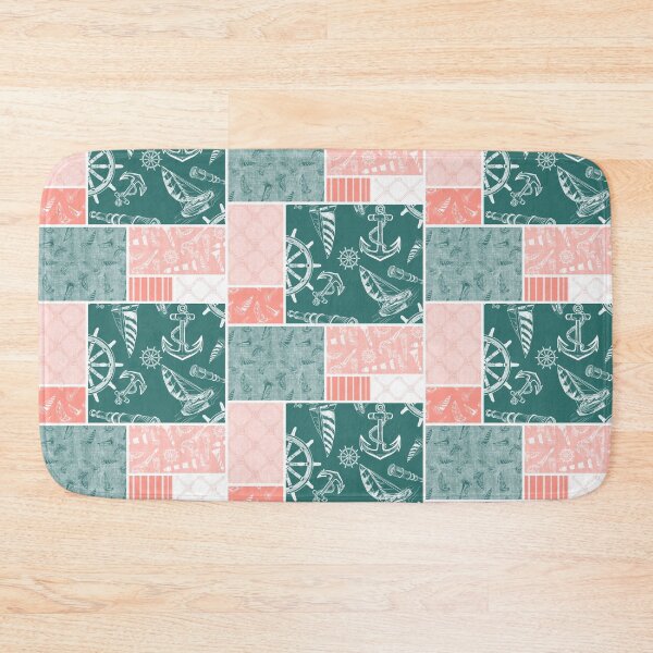 Item preview, Coral and Blue Green Quilt Design Nautical Charcoal Sketches Collection- Features Netting, Stripes, Nautical Items, and Lighthouse Designs designed and sold by PD-Coastal.