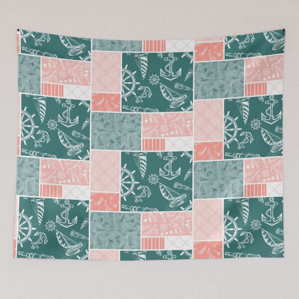 Item preview, Coral and Blue Green Quilt Design Nautical Charcoal Sketches Collection- Features Netting, Stripes, Nautical Items, and Lighthouse Designs designed and sold by PD-Coastal.