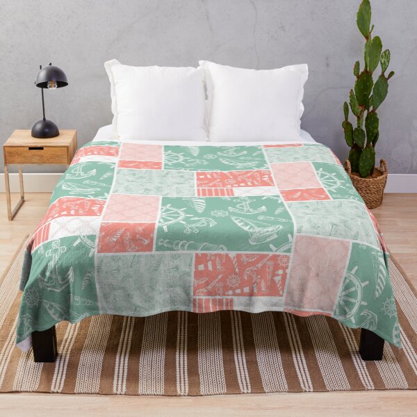 Item preview, Coral and Seafoam Quilt Design Nautical Charcoal Sketches Collection- Features Netting, Stripes, Nautical Items, and Lighthouse Designs designed and sold by PD-Coastal.