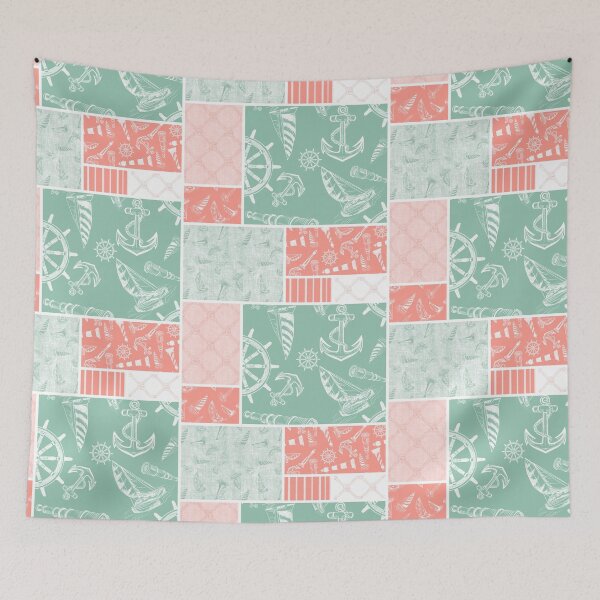 Item preview, Coral and Seafoam Quilt Design Nautical Charcoal Sketches Collection- Features Netting, Stripes, Nautical Items, and Lighthouse Designs designed and sold by PD-Coastal.