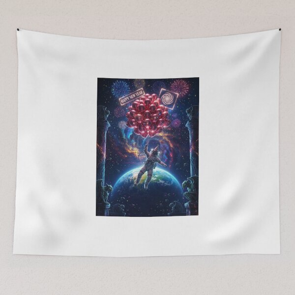 Item preview, Cosmic New Year: Astronaut Floating with Metallic Balloons Above Earth designed and sold by Rain-Road.