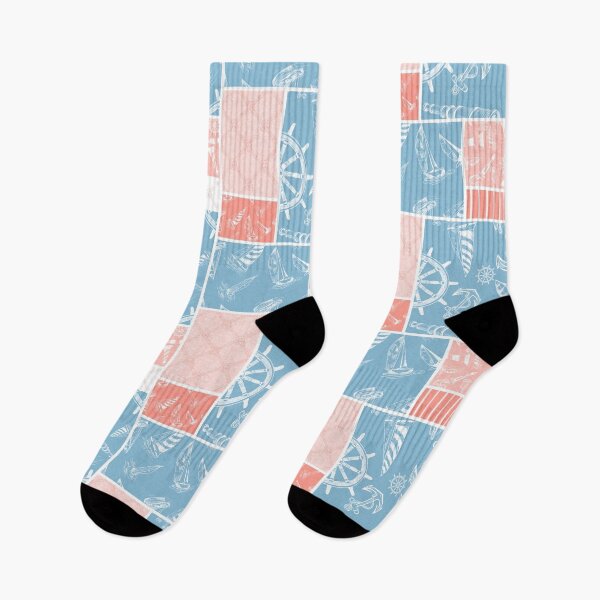 Item preview, Coral and Sky Blue Quilt Design Nautical Charcoal Sketches Collection- Features Netting, Stripes, Nautical Items, and Lighthouse Designs designed and sold by PD-Coastal.