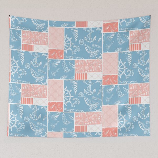 Item preview, Coral and Sky Blue Quilt Design Nautical Charcoal Sketches Collection- Features Netting, Stripes, Nautical Items, and Lighthouse Designs designed and sold by PD-Coastal.