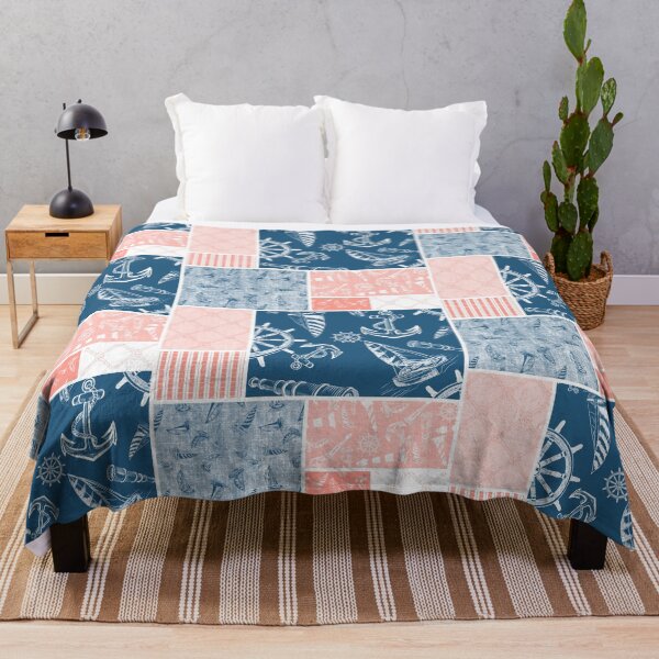 Item preview, Coral and Ocean Blue Quilt Design Nautical Charcoal Sketches Collection- Features Netting, Stripes, Nautical Items, and Lighthouse Designs designed and sold by PD-Coastal.