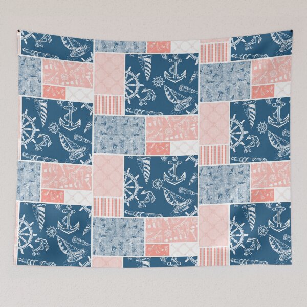 Item preview,  Coral and Ocean Blue Quilt Design Nautical Charcoal Sketches Collection- Features Netting, Stripes, Nautical Items, and Lighthouse Designs designed and sold by PD-Coastal.