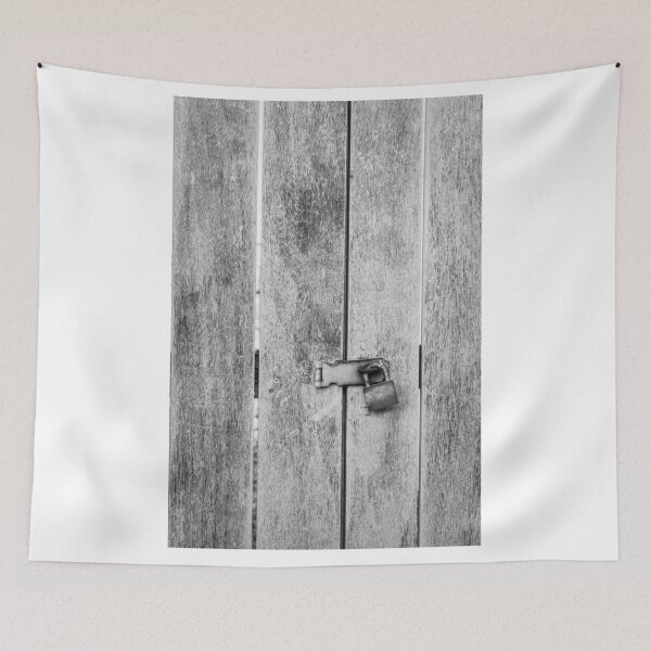 Item preview, Rustic Wooden Gate With Old Padlock and Metal Hasp Locking a Weathered Door Panel designed and sold by Nmallia.