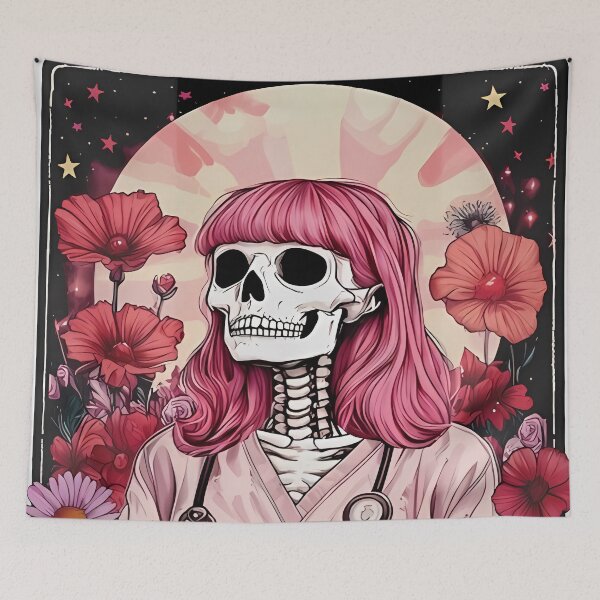 Item preview, Gothic Nurse Halloween – Pink-Haired Skeleton Nurse with Flowers designed and sold by Art-Arcade6.