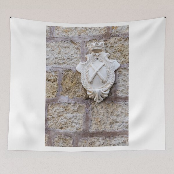 Item preview, White Heraldic Coat of Arms Crest Mounted on Historic Stone Wall With Crown and Laurel Decoration designed and sold by Nmallia.