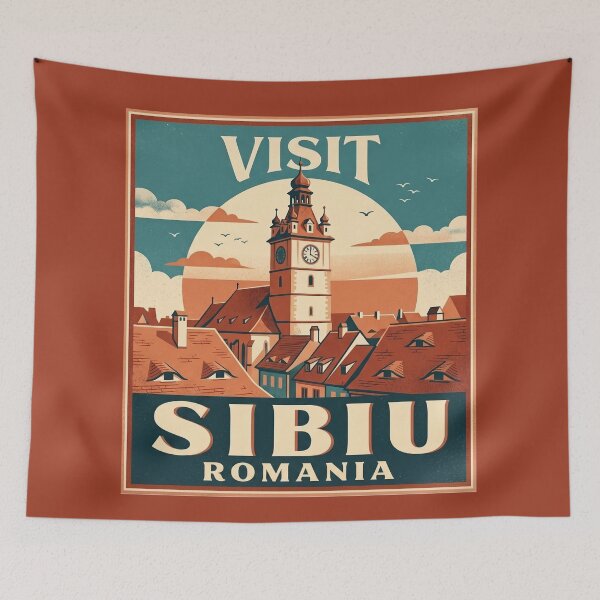 Item preview, Visit Sibiu Romania Vintage Travel Art Rooftops designed and sold by AIG - Andrei Ilie Graphics.