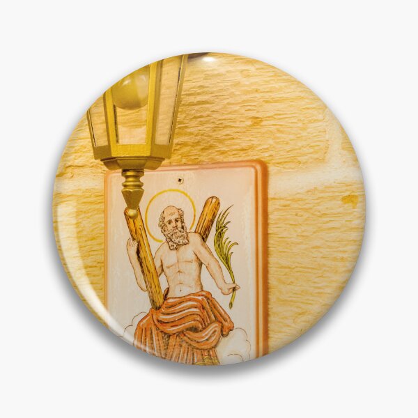 Item preview, Vintage Wall Lantern Above Ceramic Saint Plaque On Textured Yellow Stone Exterior Wall designed and sold by Nmallia.