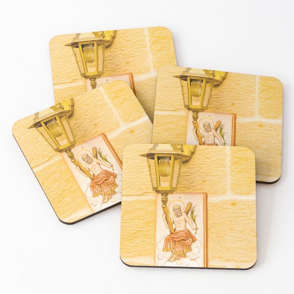 Item preview, Vintage Wall Lantern Above Ceramic Saint Plaque On Textured Yellow Stone Exterior Wall designed and sold by Nmallia.