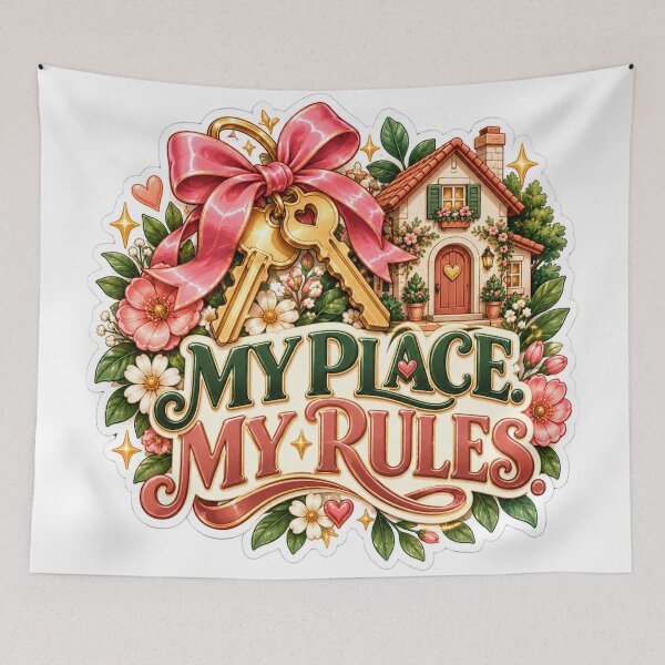 Item preview, My Place My Rules Sticker – Cozy Cottagecore Home, Pink Bow & Floral Aesthetic designed and sold by CoquetteLunaCo.
