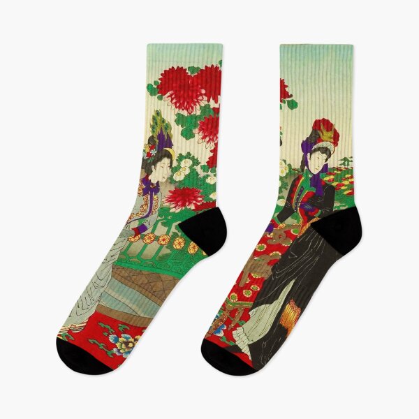 Item preview, Blooming Chrysanthemums in an Autumn Garden Japanese floral garden landscape panel print by Toyohara Chikanobu designed and sold by Jéanpaul  Ferro.