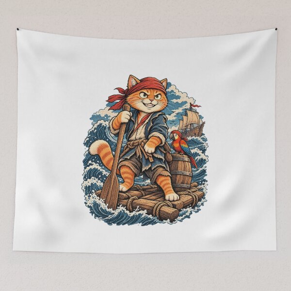 Item preview, Captain Pirate Cat With Parrot - Vintage Ocean Sailing Illustration designed and sold by muhammadkhafidh.