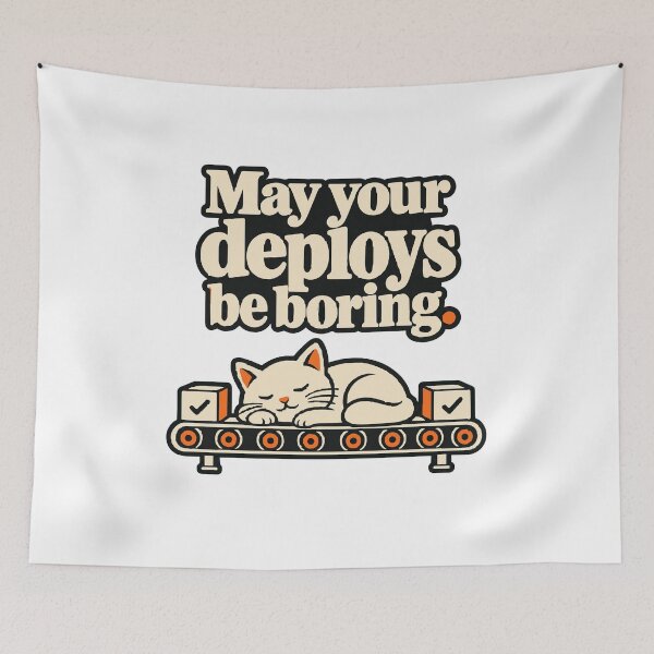 Item preview, May Your Deploys Be Boring CI/CD Shirt designed and sold by ThreadQuirk.