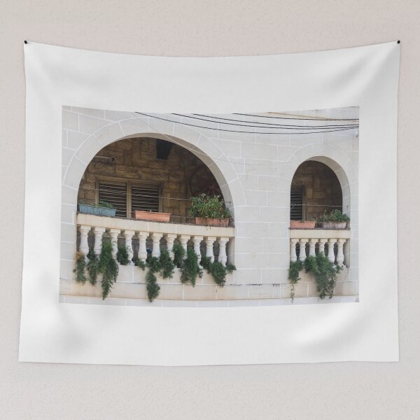 Item preview, Stone Balcony With Arched Openings, Balustrade and Planters Overflowing With Greenery designed and sold by Nmallia.