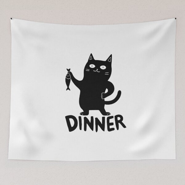 Item preview, Happy Black Cat Holding Fish DINNER Funny Meme designed and sold by Ikochane.