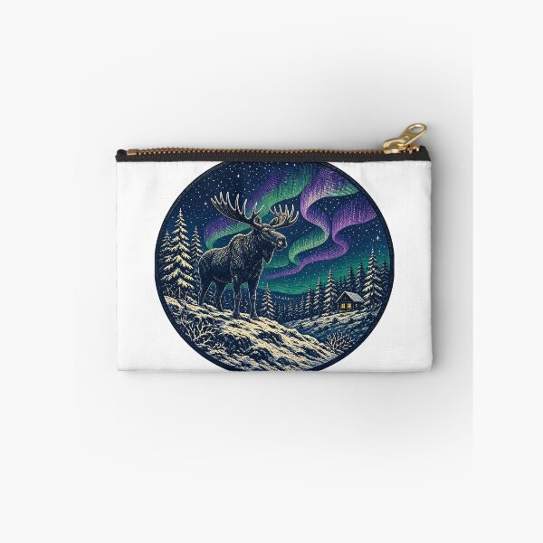 Item preview, Moose Northern Lights Linocut Winter Badge designed and sold by RobinHoodShirts.