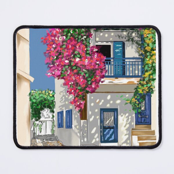 Item preview, Bougainvillea Street – Greek Island Alley, Mediterranean Travel Art designed and sold by Cobalt & Stone Art.