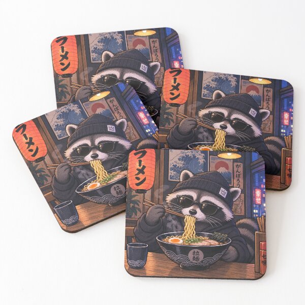 Item preview, Cool Raccoon Eating Ramen in Tokyo Noodle Bar Art designed and sold by Silly Goose Party.