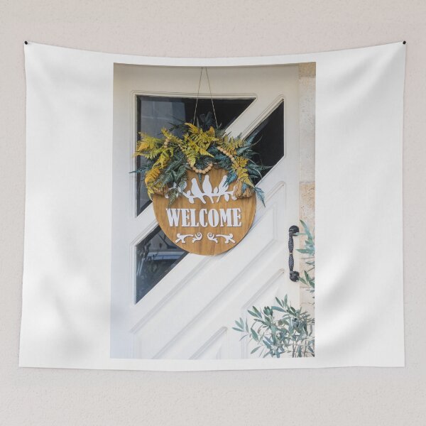 Item preview, Welcome Door Wreath With Greenery And Wooden Sign Hanging On White Front Door For Home Decor designed and sold by Nmallia.