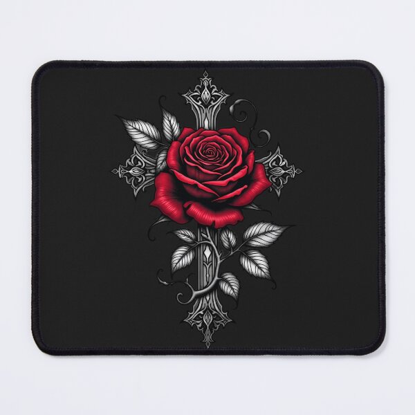 Item preview, Gothic Cross and Red Rose – Tattoo Flash Art RBA-2026-0208-F designed and sold by IdeaSmith.
