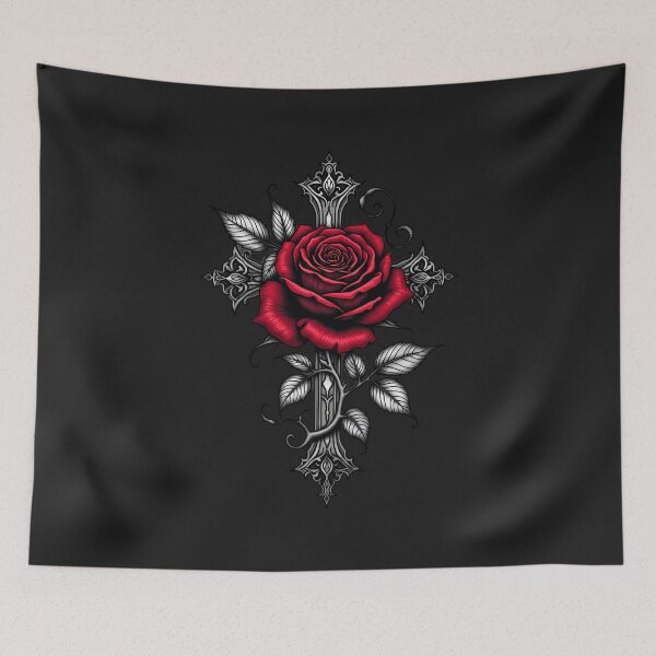 Item preview, Gothic Cross and Red Rose – Tattoo Flash Art RBA-2026-0208-F designed and sold by IdeaSmith.
