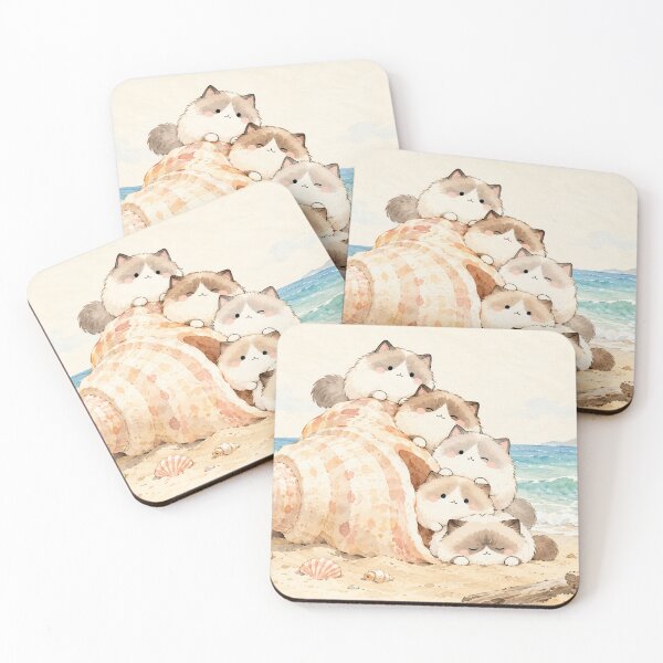 Item preview, Five Ragdoll Cats Around a Giant Seashell on a Pastel Beach designed and sold by AshiraCreations.