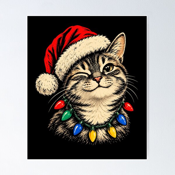 Item preview, Retro Winking Christmas Cat With Colorful Holiday Lights designed and sold by Moizento.