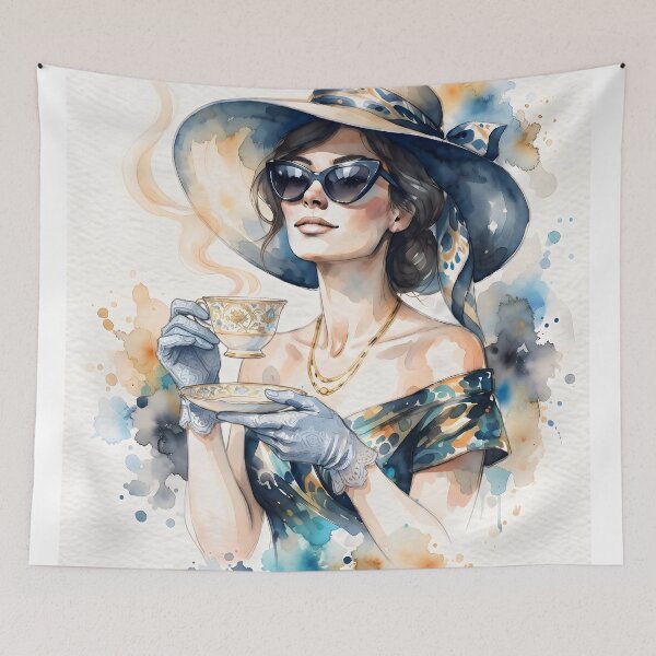 Item preview, Vintage Lady with Teacup Watercolor Art – Elegant Retro Fashion Illustration designed and sold by TeeBee1234.