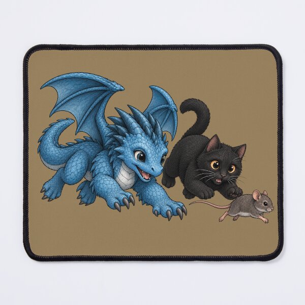 Item preview, Cute Blue Dragon and Black Cat Chasing Mouse Fantasy Art designed and sold by Hatchling Hollow.