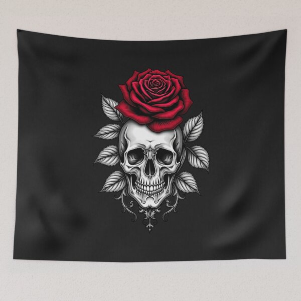 Item preview, Skull and Red Rose – Gothic Tattoo Flash Art RBA-2026-0201-F designed and sold by IdeaSmith.