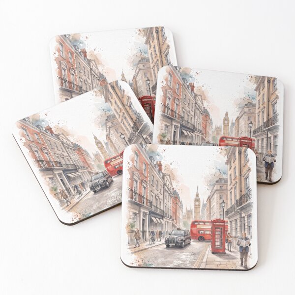 Item preview, London Street Watercolor Art – Classic Big Ben, Red Bus & Black Cab Portrait, Iconic British Cityscape designed and sold by TeeBeeDesigns.