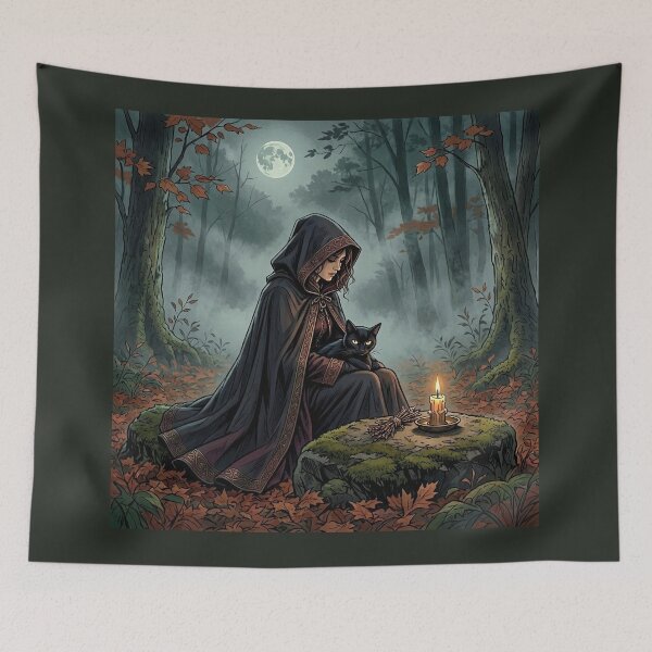 Item preview, Witch with Black Cat Familiar, Gothic Candlelit Forest Art designed and sold by Roberta Calabrese.