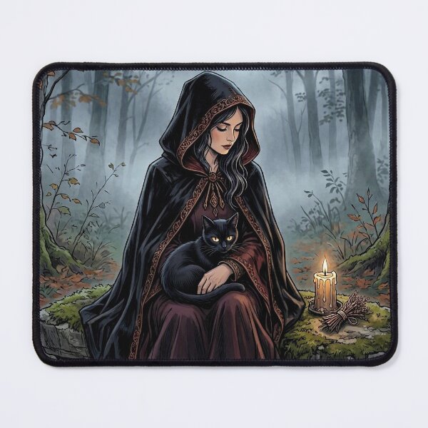 Item preview, Witch with Black Cat Familiar, Gothic Candlelit Forest Art designed and sold by Roberta Calabrese.