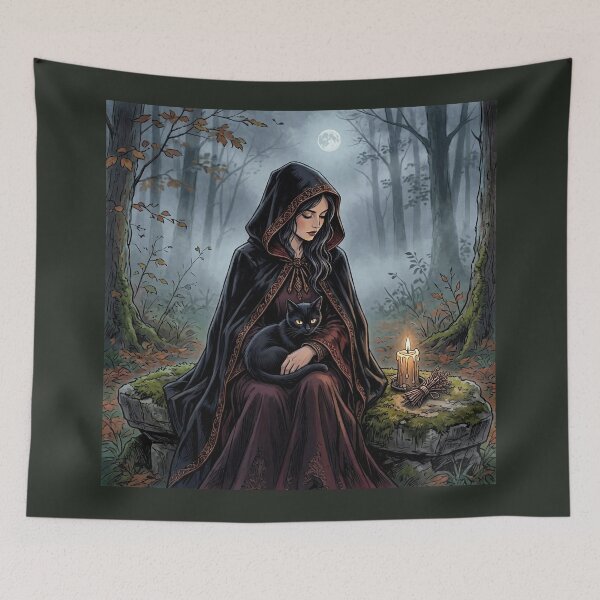 Item preview, Witch with Black Cat Familiar, Gothic Candlelit Forest Art designed and sold by Roberta Calabrese.