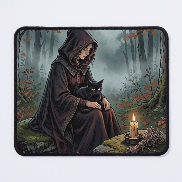 Item preview, Witch with Black Cat Familiar, Gothic Candlelit Forest Art designed and sold by Roberta Calabrese.