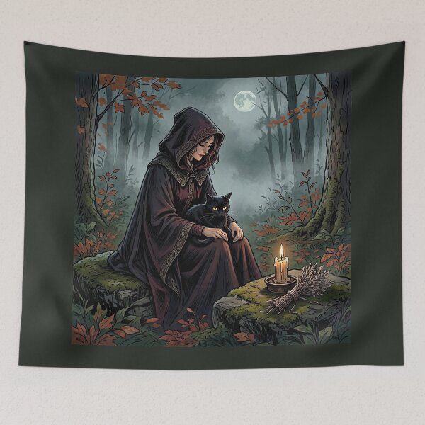 Item preview, Witch with Black Cat Familiar, Gothic Candlelit Forest Art designed and sold by Roberta Calabrese.